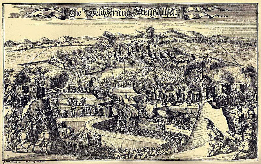 » Paylaşılamayan Uyvar: 1663 yılında Köprülüzâde Fazıl Ahmed Paşa idaresindeki Osmanlı Ordusu tarafından fethedilen kalenin 1685’te Lorraine Dükü V. Charles’ın komutasındaki Avusturya ordusu tarafından kuşatmasını gösteren gravür.