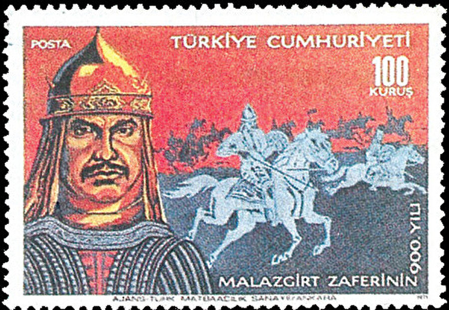 » Posta pulundaki Alp Arslan: 1971 yılında Malazgirt Zaferi’nin 900. yıldönümün anısına basılan posta pulunda Alp Arslan ve askerleri.