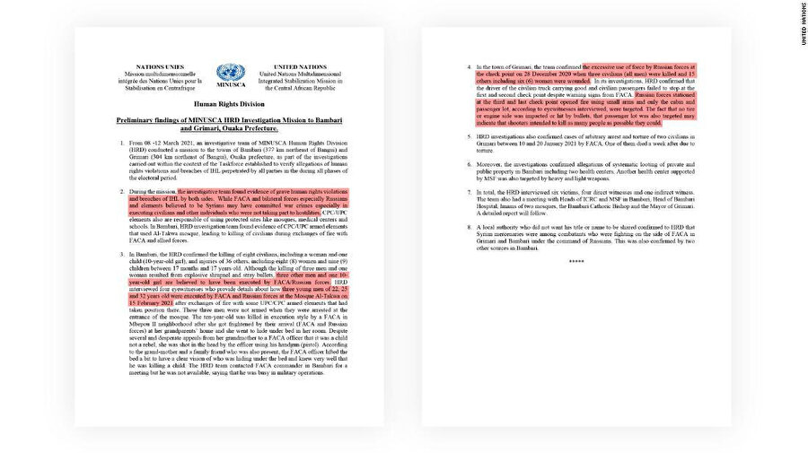 Hazırlanan BM raporlarında 2020 ve 2021 yıllarında Rus paralı askerlerinin aralarında bir cami saldırısı da olmak üzere bölgede işlediği insanlık suçları belgelenmiş. 