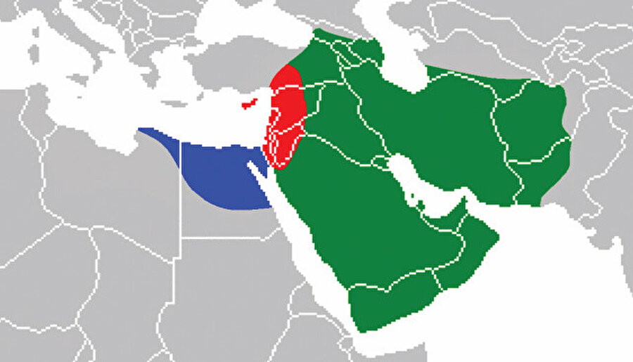 » Hâricîlerin ortaya çıktığı sırada İslam dünyası... Yeşil renk :Hakem olayı meydana geldiğinde Hz. Ali’nin kontrolü altında bulunan, 4 halife döneminde fethedilmiş topraklar. Mavi renk: Hakem olayında hakemlik yapması için Muâviye tarafından önerilen isimlerden olan Amr b. el-Âs’ın kontrolü altında olan ve Mısır ile Libya’yı kapsayan topraklar. Kırmızı renk: Muâviye’nin kontrolü altına aldığı Suriye, Filistin, Kıbrıs, Ürdün, Lübnan ve Güneydoğu Anadolu’nun bir kısmını kapsayan topraklar.