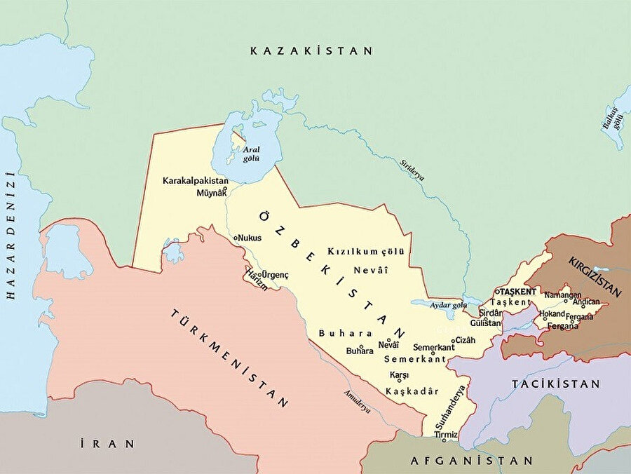 Özbekistan; kuzeyde Kazakistan, güneyde Afganistan, güneydoğuda Tacikistan, kuzeydoğuda Kırgızistan ve güneybatıda Türkmenistan ile sınırdır.