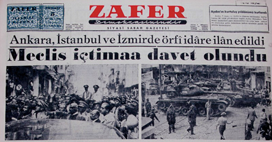 » Celal Bayar olay yerinde: Sıkıyönetimin ilan edildiği 7 Eylül sabahını gösteren Zafer gazetesindeki fotoğraflarda solda dönemin Cumhurbaşkanı Celal Bayar Beyoğlu’nda görülürken sağda olay yerine gelen tanklar göze çarpıyor.