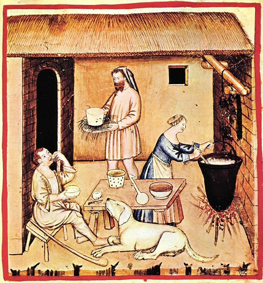 Tacuinum Sanitatis'ten peynirli yemek tasviri, sağlık ve esenlik üzerine 11. yüzyıldan kalma bir Arap tıbbi incelemesi olan Taqwim alâ sihha'ya dayanan bir orta çağ el kitabı.