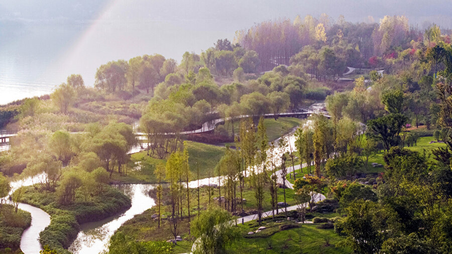 Yujidao Park projesinde, doğal yeşil doku ile yapay peyzaj başarılı bir şekilde harmanlanıyor. 
