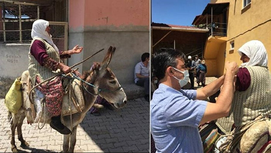 Avşar köyünde yaşayan Hatice Partal eşek üstüne aşı olurken