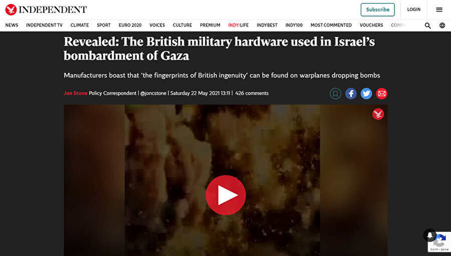 The Independent’ın İsrail’in Gazze’ye gerçekleştirdiği saldırılarda İngiliz silah teknolojisinin kullanıldığını iddia eden haberi.