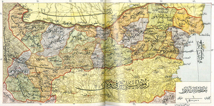 » II. Abdülhamid zamanında Bulgaristan eyaleti (1907): Kuzeyde Romanya, batıda Sırbistan, güneyde Kosova, Selanik ve Rumeli-i Şarkî vilayeti ile doğuda Bahr-i Siyah (Karadeniz) ile çevrili Bulgaristan eyaleti haritası.