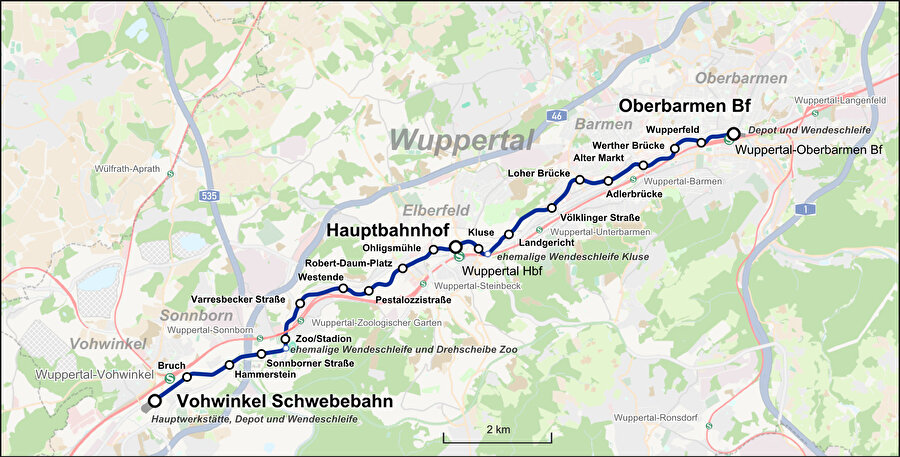 Wuppertal hattının duraklarını gösteren bir harita. 