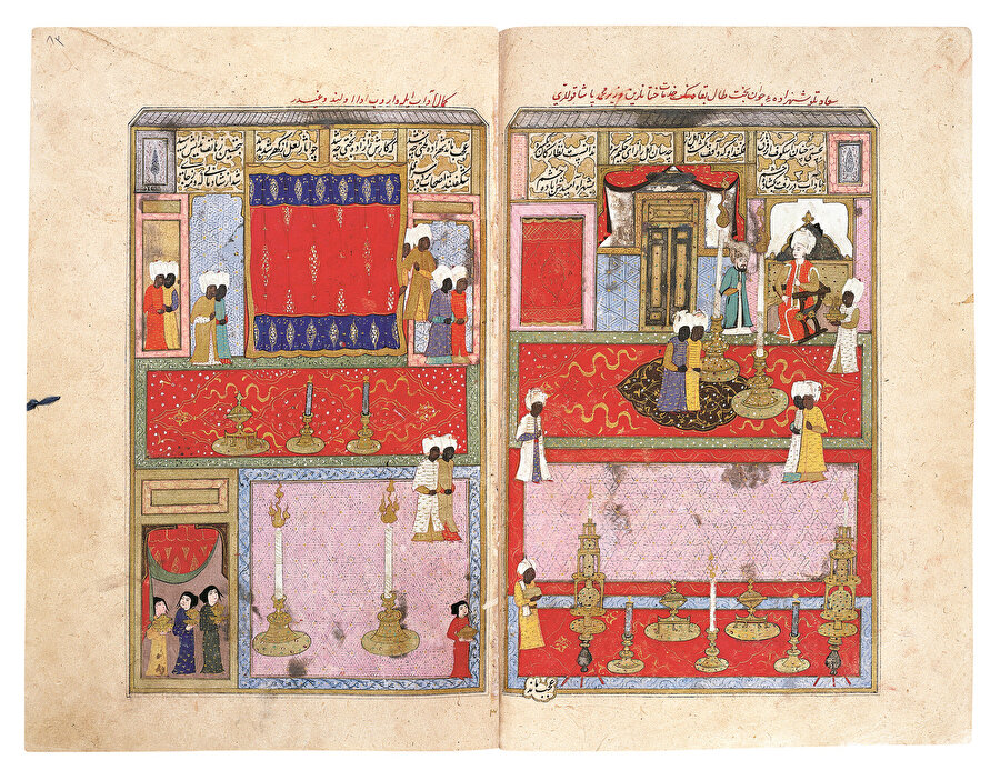 » Şehzadeye layık armağanlar Vezir Mehmed Paşa Şehzade Mehmed’e sünnet hediyelerini sunuyor. 