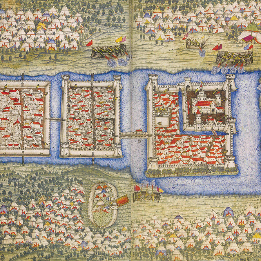 » Toplar kaleyi döverken Sigetvar’ın 4 hisarını tasvir eden bu minyatürde, 5 parçadan oluşan otağ-ı hümayun ve kaleyi döven Osmanlı topları görülüyor.