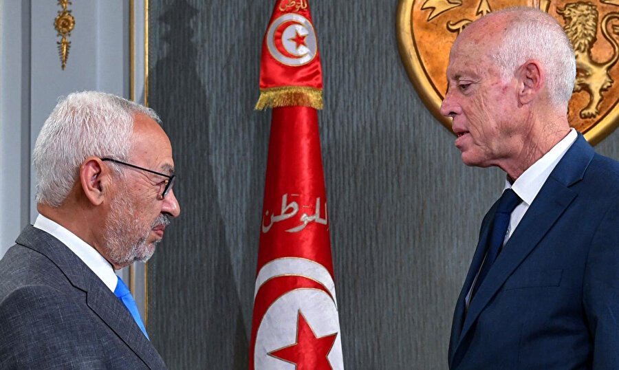 Tunus Meclis Başkanı ve Nahda Lideri Raşid el-Gannuşi ve Cumhurbaşkanı Kays Said.