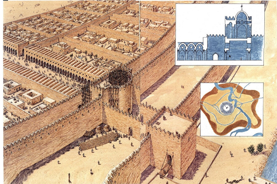 Bağdat kapılarının inşa edilişini tasvir eden bir çizim. 