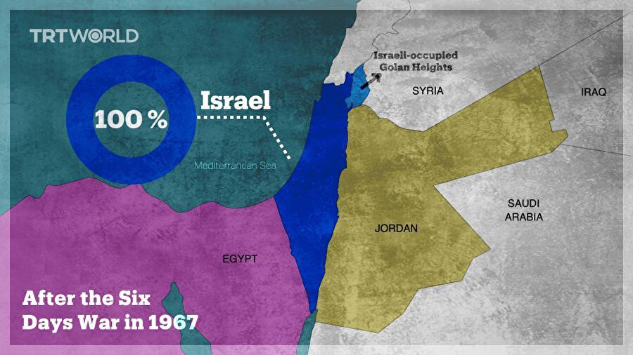 Altı Gün Savaşları sonrası, İsrail'in Golan Tepeleri'ni işgalini gösteren bir harita. Grafik: TRT WORLD