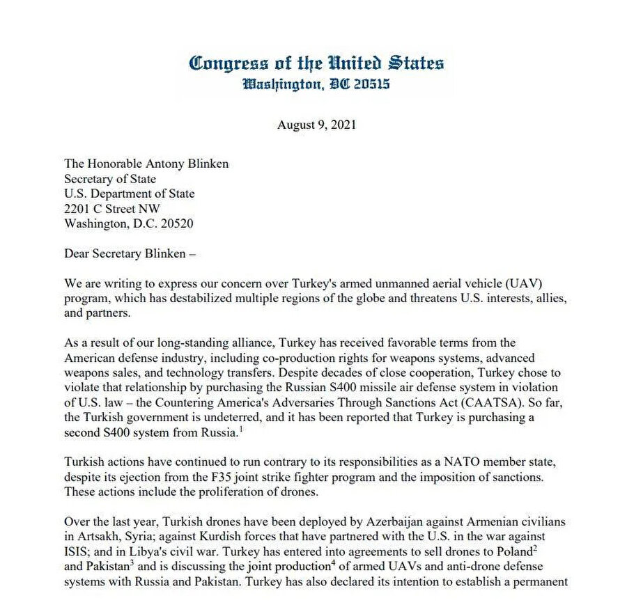 Kongre üyeleri tarafından yazılan mektup