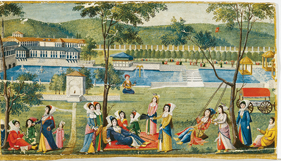 » Böyle olur Kağıthane’nin şenliği: Enderunî Fazıl’ın Hubanname-Zenanname (Kadınlar Kitabı) adlı eserinde karşımıza çıkan Kağıthane’de Kadınlar Keyfi adlı bu resimde burasının muhteşem tabiatı yanında ne denli renkli ve şenlikli bir yer olduğu da başarıyla tasvir edilmiştir.