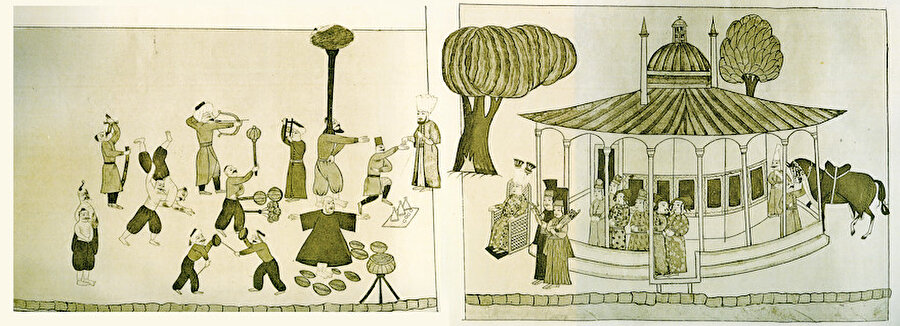 » Genç Osman Kağıthane’de: Kağıthane Deresi kıyısında Genç Osman tahtta oturmuş, oyun ve güreşleri seyrediyor. Bu minyatürün aslı Franz Taeschner’in özel kütüphanesindeyken 2. Dünya Savaşı yıllarında Münster genel kitaplığına emanet edilmiş ve orada yanarak yok olmuştur.