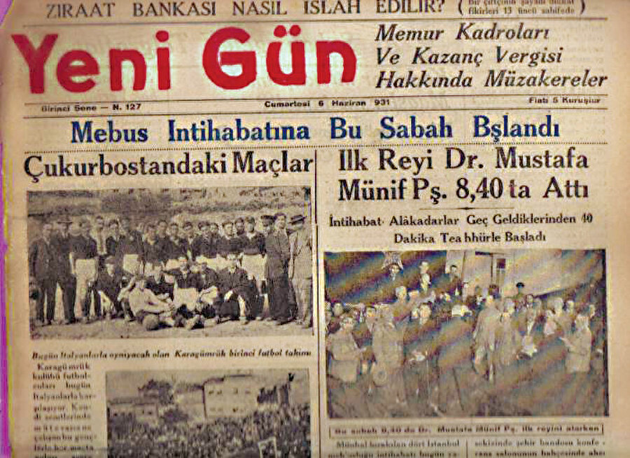 » Çukurbostanda İtalya maçı: 6 Haziran 1931 tarihli Yeni Gün gazetesindeki bu haberde, stadyum olarak kullanılan Karagümrük’teki çukurbostanda Karagümrük Futbol Kulübü’nün İtalyanlarla karşılaşacağı duyurulmuştu.