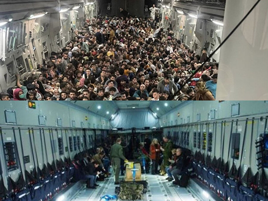 Üstteki fotoğrafta ABD 'nin 150 kişilik uçağında 640 kişi Afganistan'dan tahliye edildi Alttaki fotoğrafta Almanya'nın 135 kişilik uçağında 7 kişi Afganistan'dan tahliye edildi