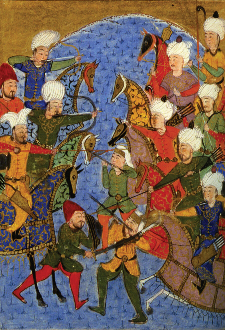 » Bir devletin sonu: 1516’da Şah İsmail ile ittifak ettiği için Kansu Gavri üzerine giden Yavuz Sultan Selim Mercidabık Ovası’nda büyük bir zafer kazandı. Bu savaşla Memlûk Devleti tarih sahnesinden silindi. Mercidabık Savaşı’nı tasvir eden bir minyatür.