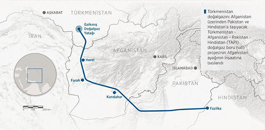 Türkmenistan doğalgazını Afganistan üzerinden Pakistan ve Hindistan’a taşıyacak Türkmenistan-Afganistan-Pakistan-Hindistan (TAPI) doğalgaz boru hattı projesinin Afganistan kısmının 2018 yılında haritadaki güzergah planıyla inşasına başlanmıştı. Grafik: AA.