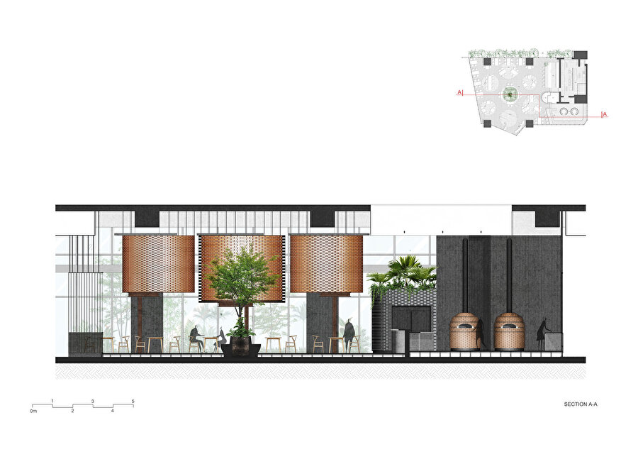 Mekanın ortasından ve mutfaktan geçen kademeli kesit.