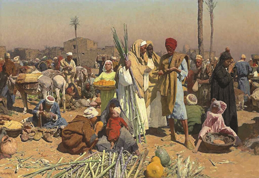 » Mısır’ın hanımları: Charles-Théodore Frère’nin fırçasından 19. yüzyıl Kahire’sinde Nil kenarındaki bir köy tasviri.