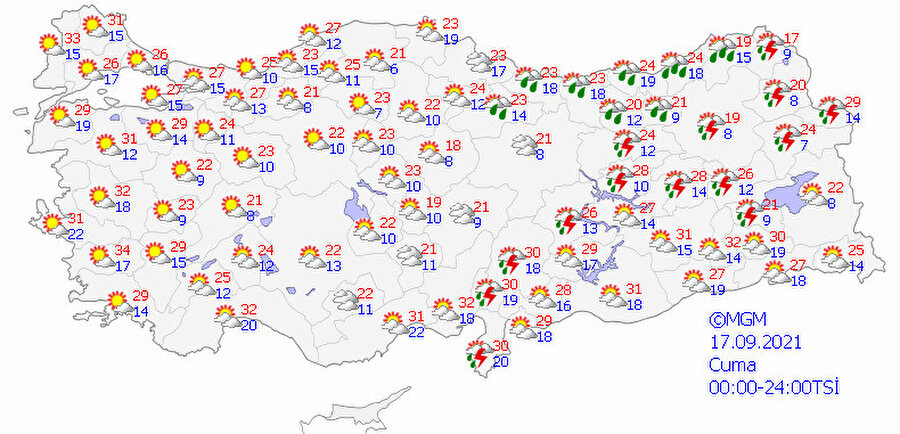 Meteoroloji'nin paylaştığı hava durumu haritası