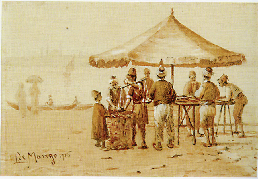 » Ayaküstü alışveriş Leonardo De Mango’ya (1843-1930) ait “Satıcılar” isimli suluboya çalışması...