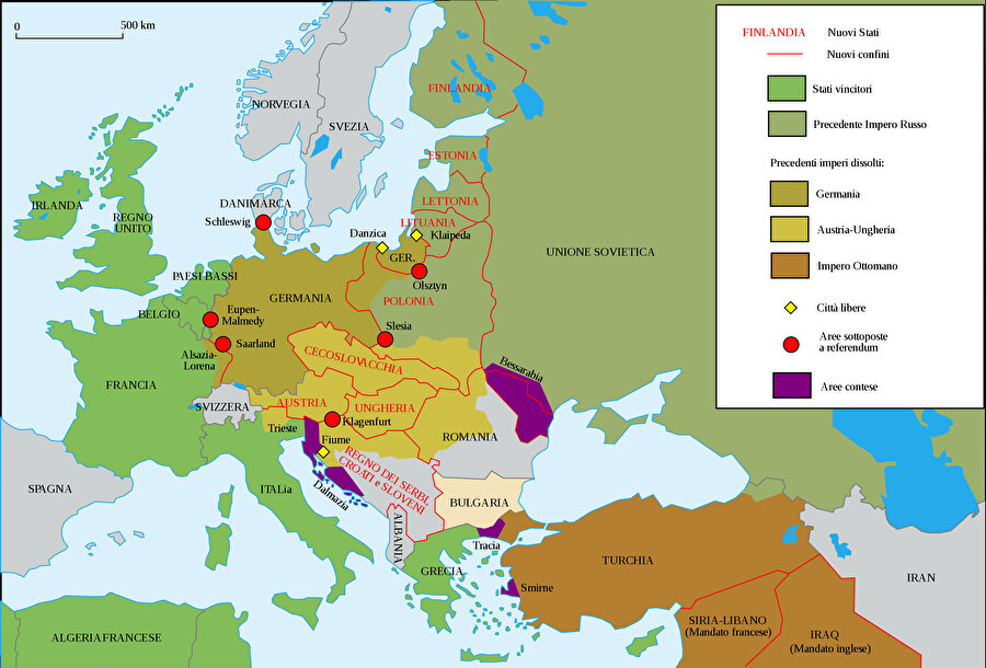 I. Dünya Savaşı sonrası Avrupa'nın değişen siyasi sınırları.