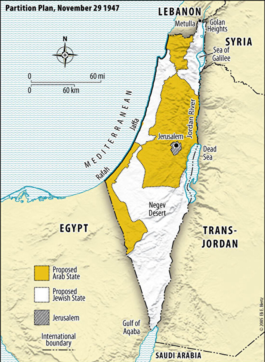 1947 Taksim Planı'na göre oluşan Filistin haritası. 