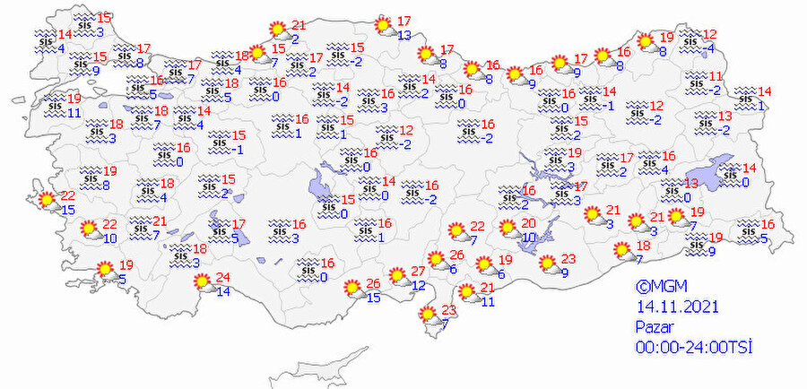 Pazar günü hava durumu haritası