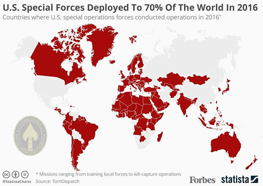 2016 yılında ABD Özel Kuvvetleri, dünyanın %70'ine konuşlandırıldı. ABD Özel Harekat kuvvetlerinin 2016 yılında operasyon gerçekleştirdiği ülkeler. / Kaynak: Statista.