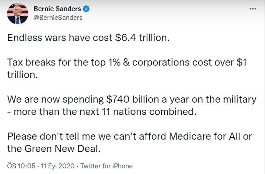 Bernie Sandes'ın 11 Eylül 2020'de attığı "sonsuz savaş"ın maliyetini açıkladığı tweeti.