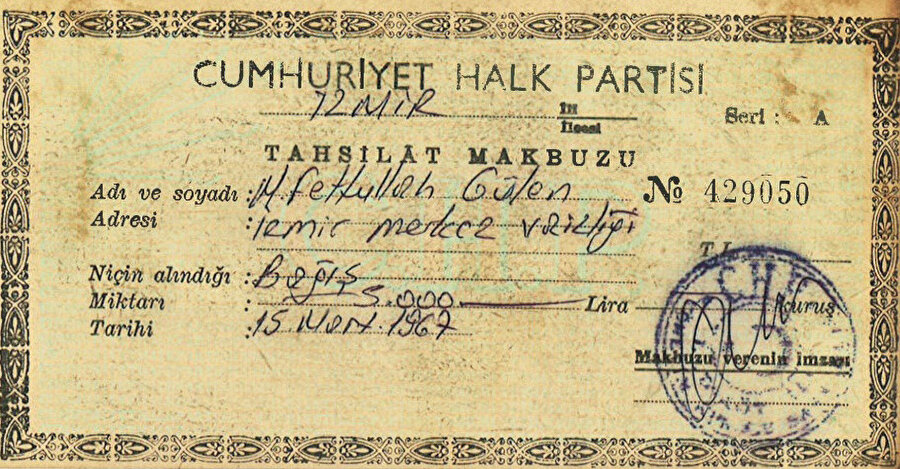 Masonluğa kabul edilen Gülen, CHP İzmir teşkilatına ait olan 429050 numaralı makbuz ile CHP İzmir teşkilatına 5.000 lira bağışta bulunur. 