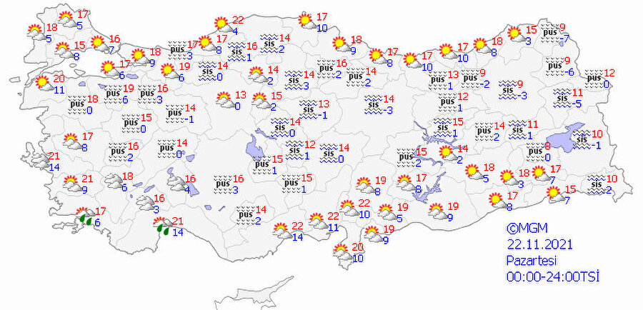 Pazartesi günü hava tahmin haritası