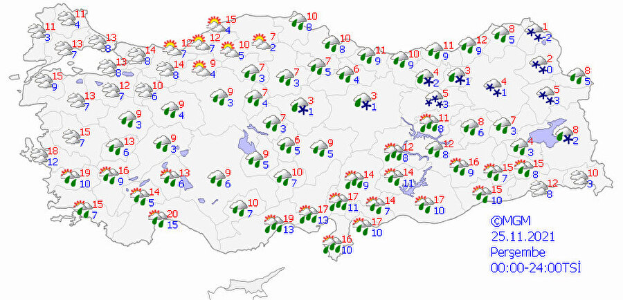 Meteoroloji'nin bugün için paylaştığı hava durumu haritası