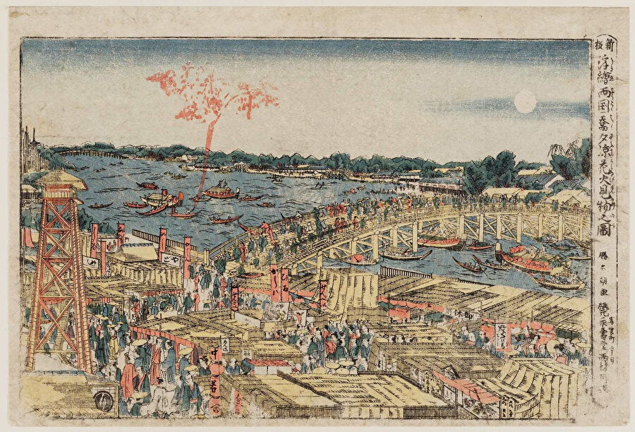 Edo'daki Ryogoku Köprüsü’nde Akşam Serinliğinde Havai Fişekler, 1780.