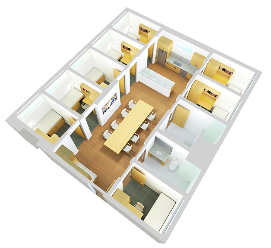 Ortak alanı, mutfağı, tuvalet ve 8 ayrı süit odası olan yatakhane modellemesi.