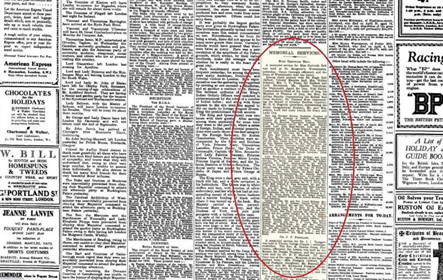 Gertrude Bell 12 Temmuz 1926’te Bağdat’ta ölmüş ve buraya defnedilmişti. Hemen birkaç gün sonra Londra’da bir anma merasimi yapılmış ve buraya katılanların isminin verildiği The Times’ın 23 Temmuz tarihli sayısında çok sayıda önemli isimlerin arasında Philby de yer almıştı.