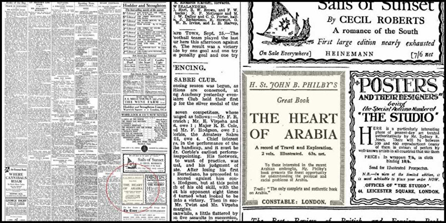 Philby’nin “The Heart of Arabia” isimli iki ciltlik meşhur eserinin 26 Eylül 1924 tarihli The Times’da yer alan reklamı.