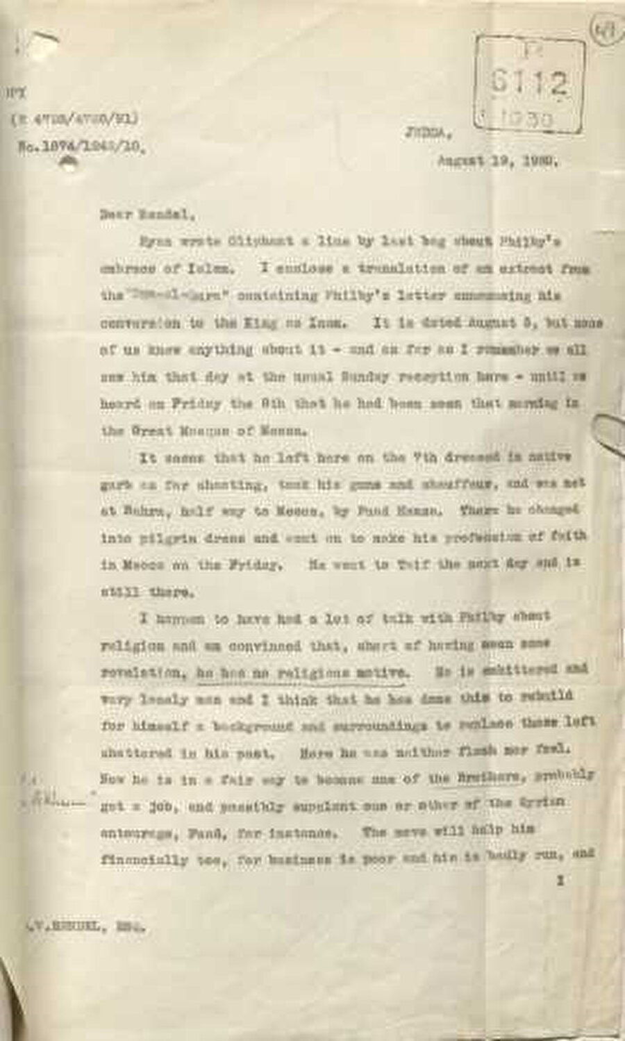19 Ağustos 1930 tarihli Philby’nin Müslüman olmasıyla alakalı İngiltere Dışişleri Bakanlığı Doğu Ülkeleri Dairesi’nin başında bulunan George William Rendel’a gönderilen raporun ilk sayfası.