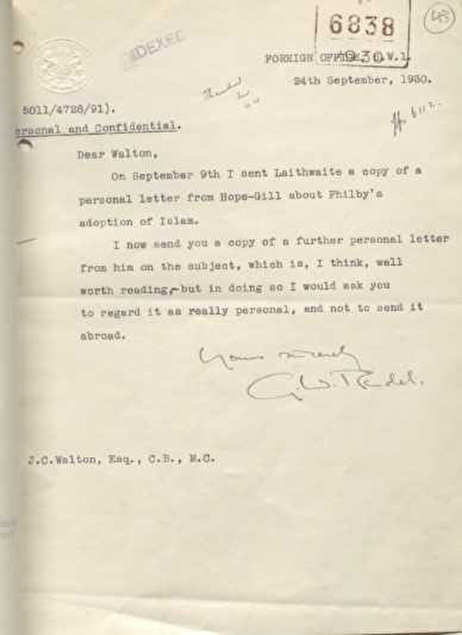 24 Eylül 1930 tarihli George William Rendel tarafından gönderilen “hususî ve gizli” damgası taşıyan bir mektup Philby’nin Müslüman olmasının bir hayli dikkat çektiğini gösteriyor.