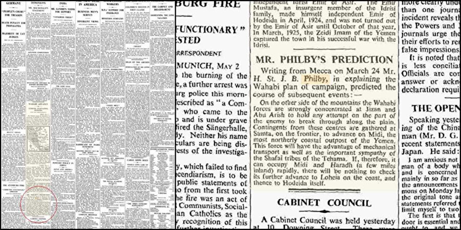 1934 yılında Abdülazîz bin Suûd’un liderliğindeki Suudi Arabistan ile İmâm Yahyâ’nın liderliğindeki Yemen Emirliği arasında gerginlikler yaşanmış, Philby bu dönemde The Times’a yazdığı sahadan çok sayıda yazıyla gelişmeleri İngiliz kamuoyuna sunmuştu. 3 Mayıs 1934 tarihli The Times’ın bu sayısında Philby’nin savaşa dair öngörüsü yer alıyordu.