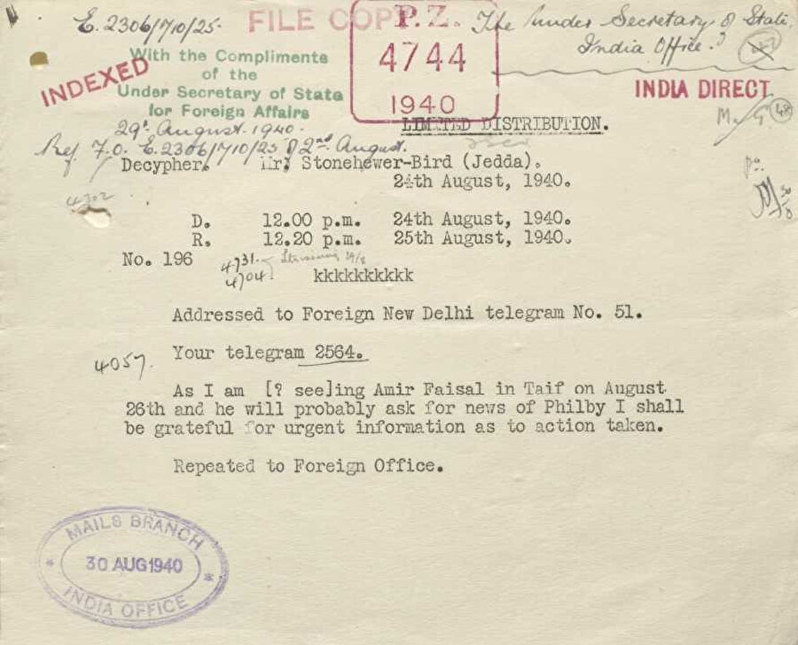 British Library IOR/L/PS/12/2165’de kayıtlı dosya içerisinde yer alan 1940 yılına ait bu telgrafta, İngiltere’nin Suudi Arabistan’daki büyükelçisi Hugh Stonehewer-Bird, Emîr Faysal tarafından Philby ile alakalı sorulacak sorulara nasıl cevap verilmesi gerektiğiyle alakalı acil cevap istemişti.