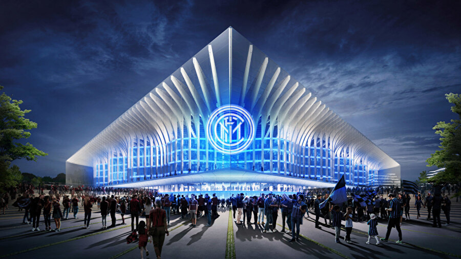 Dalgalı form, stadyumu sararak Inter Milan’ın karakterini yansıtıyor.
