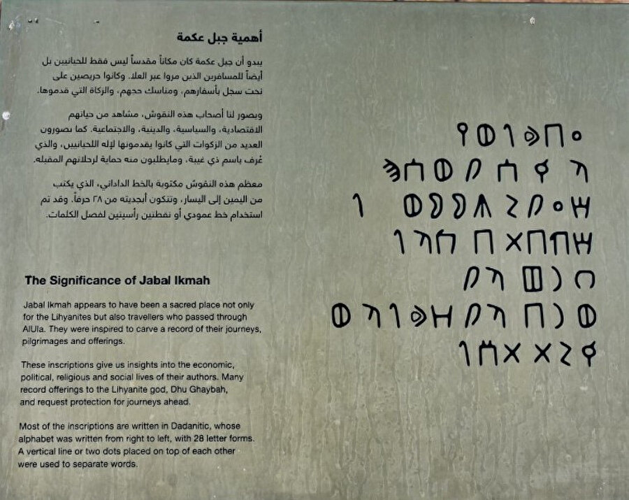 Dağda bulunan yazıtların çoğu sağdan sola yazılan ve 28 harften oluşan Dadani dilinde yazılmış 