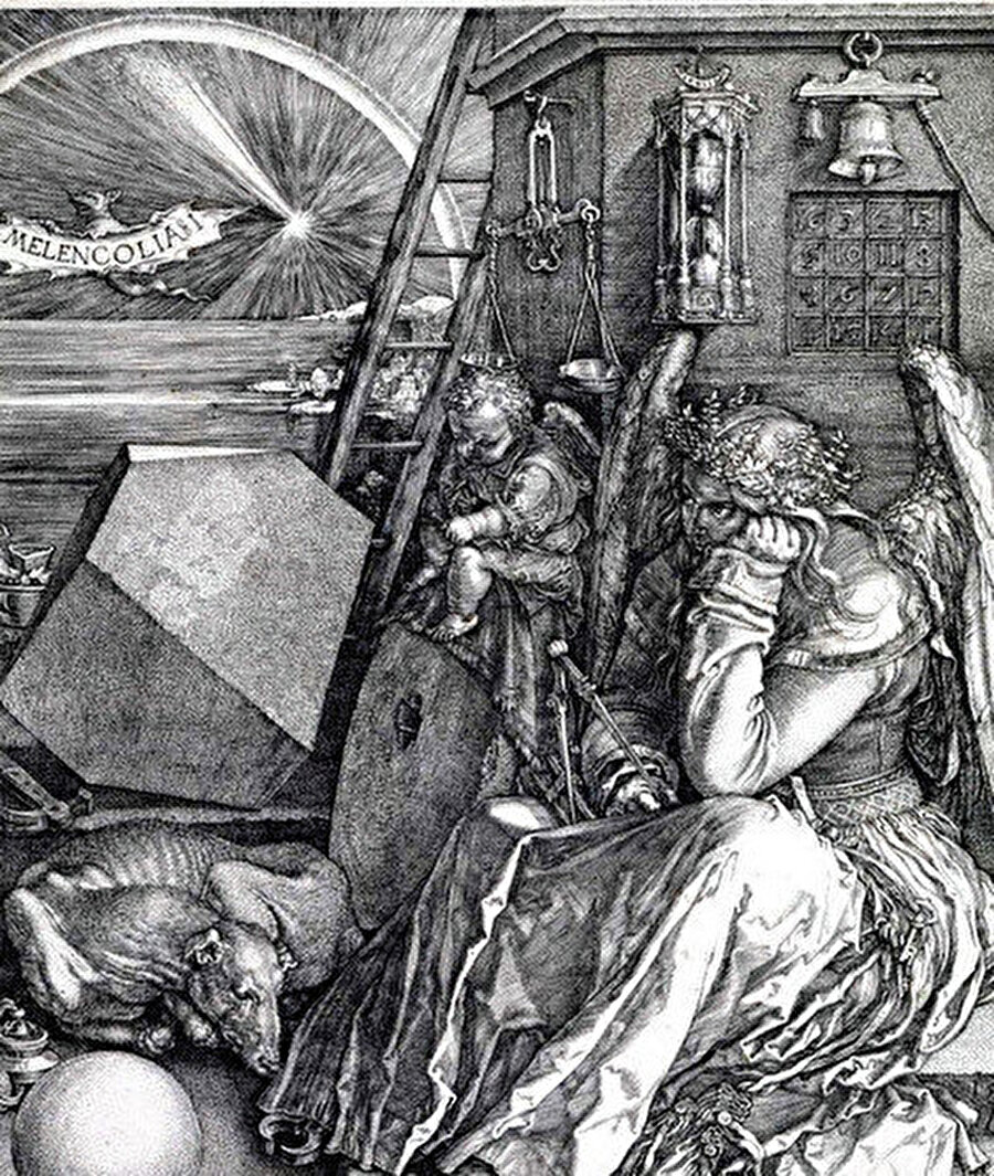 lman Rönesans ustası Albrecht Dürer'in "Melencolia" isimli gravüründe açıkça görüldüğü üzere melankolik kişi Satürn'den yayılan depresif ışınlarla aydınlanırken tamamen atıl bir pozisyonda ellerini yüzüne yaslamış vaziyette kendini dünyadan soyutlamıştır.