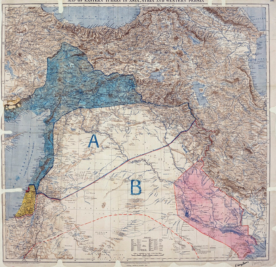 Sykes-Picot Antlaşması'nın haritası: Mavi alan Fransız sömürgesi; A alanı Fransız Mandası; Kırmızı alan İngiliz sömürgesi; B alanı İngiliz Mandası.