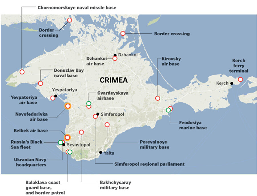 Kırım'da bulunan askerî üsleri gösteren harita.
