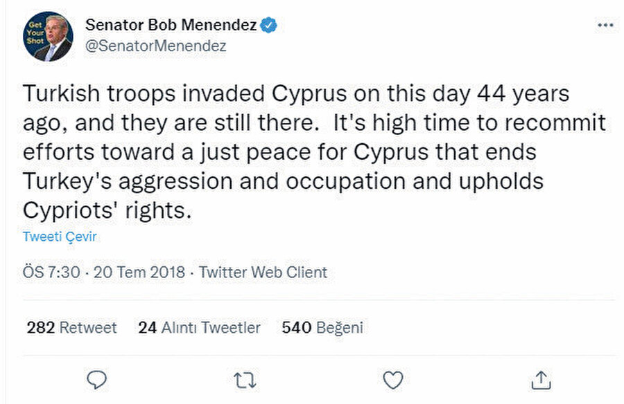 Menendez Türk askeri Kıbrıs'ta işgalci tiviti.